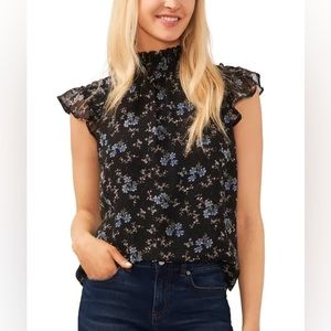 NEW CeCe Floral Smock Neck Tank Top Black Yellow Floral S